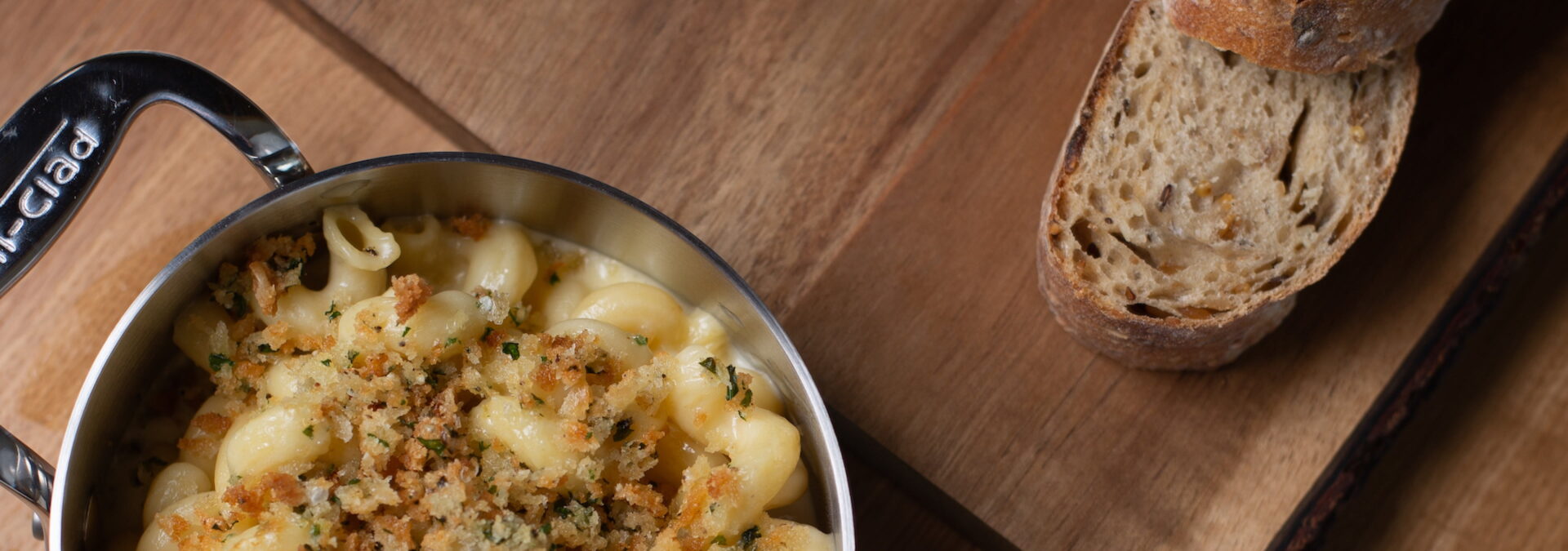 Close-up of mac and cheese on a cutting board